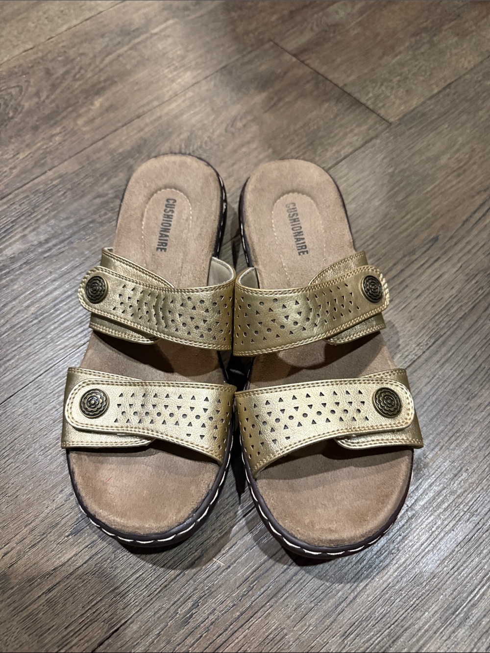 Cushionaire Gold Perforated Double-Strap Slide Sandals